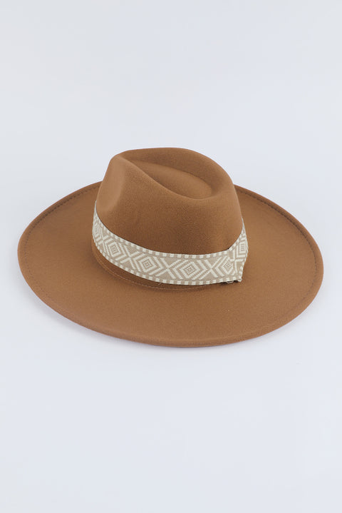 Brown Aztec Embroidery Retro  Flat Fedora Hat