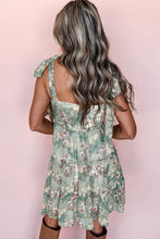 Gray Floral Knotted Strap Smocked Tiered Ruffle Mini Dress