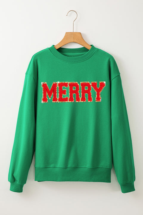 Dark Green Christmas Chenille MERRY Graphic Crew Neck Sweatshirt