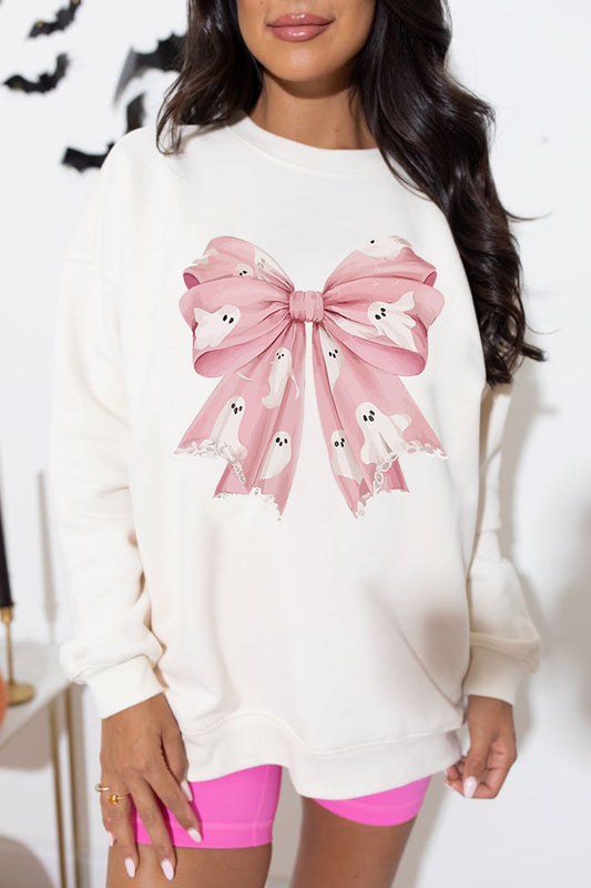 Beige Ghost Bowknot Graphic Crew Neck Drop Shoulder Sweatshirt