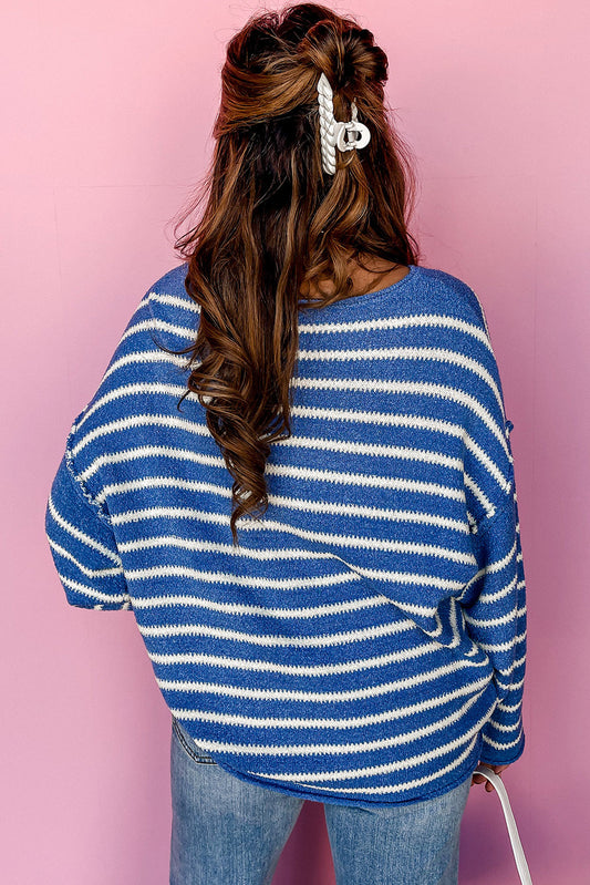 Sky Blue Stripe Drop Shoulder O Neck Plus Size Sweater