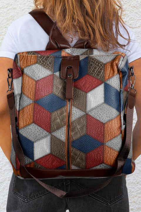 Chestnut Geometric Soft PU Leather Large Convertible Backpack