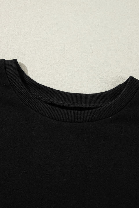 Black Solid O Neck High Low Hem Pullover Sweatshirt