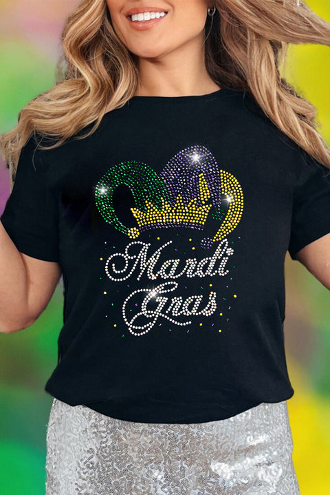 Black Rhinestone Mardi Gras Clown Hat Graphic Crewneck Tee