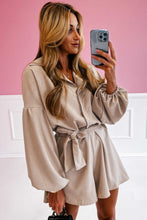 Flaxen Lapel Drop Shoulder Bubble Sleeve Romper with Sash