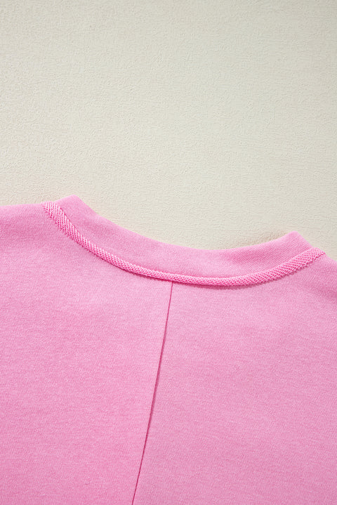 Sachet Pink Solid Color Buttoned Neckline Loose Sweatshirt