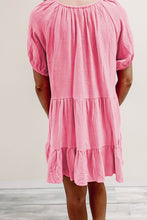 Strawberry Pink Puff Sleeve V Neck Tiered Swing Dress