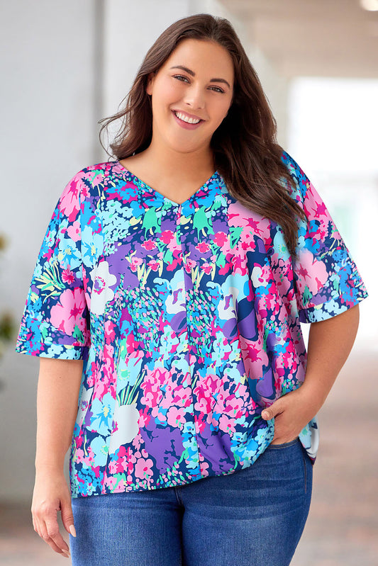 Multicolor V Neck Dolman Sleeve Plus Size Floral Blouse