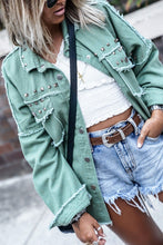 Mist Green Frayed Trim Riveted Denim Jacket