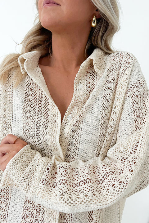 Beige Lace Crochet Collared Tunic Oversized Shirt