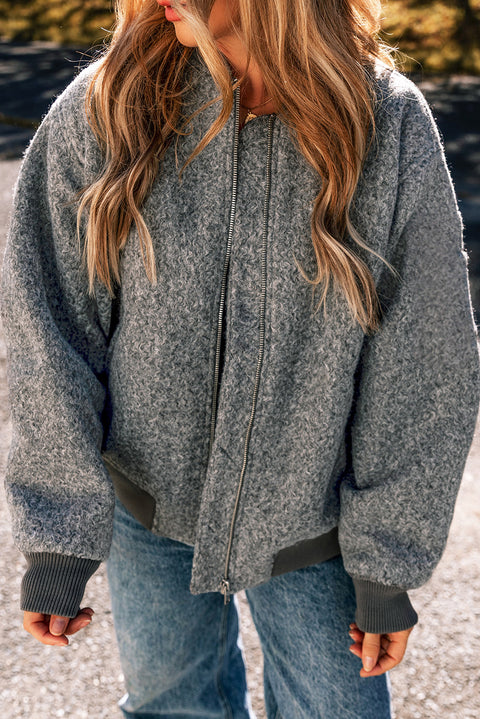 Medium Grey Fuzzy Zip Up Pocketed Sleeve Jacket