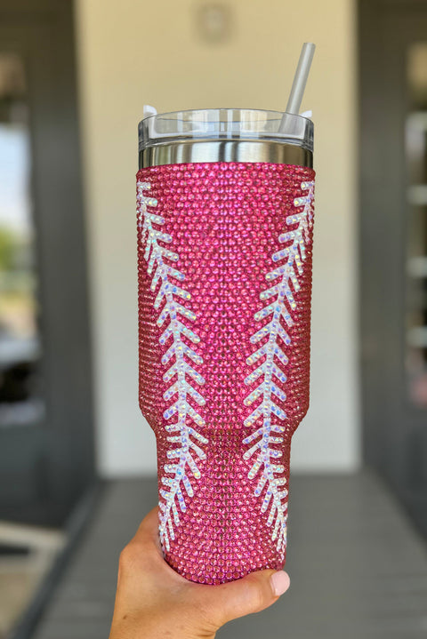 Rose Red Baseball Rhinestone 40 Oz Tumbler with Handle