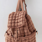 Coffee Solid Flapped Quilted Puffer Backpack