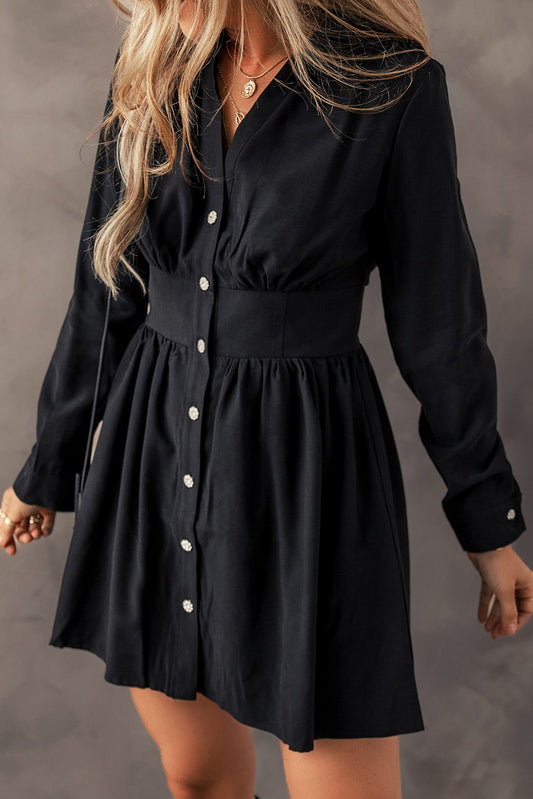 Black Elastic Cinched High Waist Long Sleeve Shirt Mini Dress