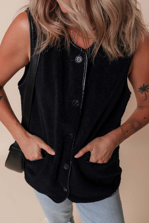 Black Leather Contrast Side Pockets Buttoned Fleece Vest