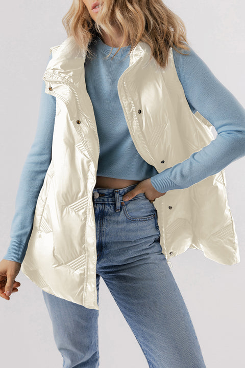 White Quilted High Neck Zip Up Jacket Vest