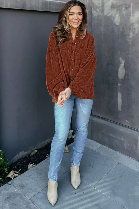 Coffee Textured Corduroy Puff Sleeve Shacket