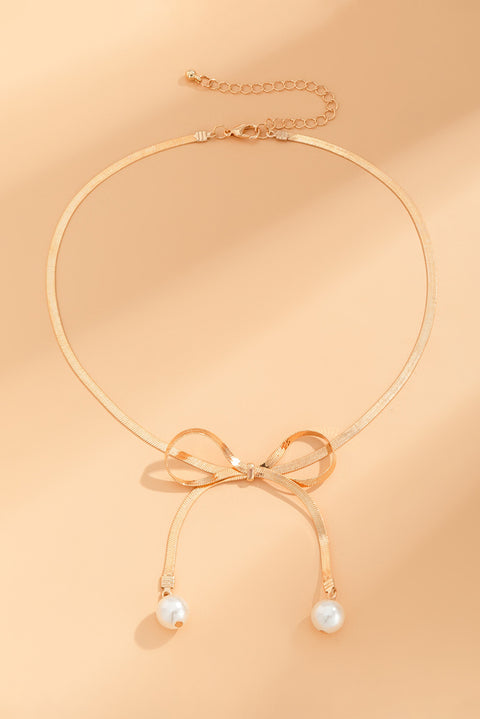 Gold Pearly Bow Collarbone Necklace