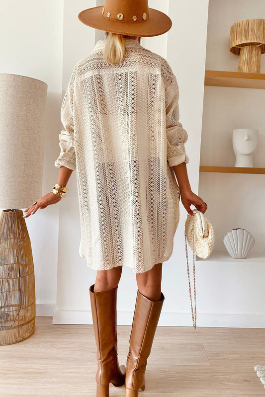 Beige Lace Crochet Collared Tunic Oversized Shirt