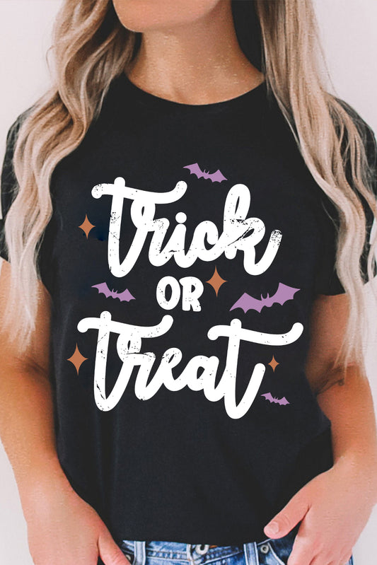 Black Trick Or Treat Bat Print Crew Neck Halloween T Shirt