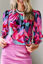 Multicolor Floral Print Ruched Sleeve Puff Sleeve Blouse