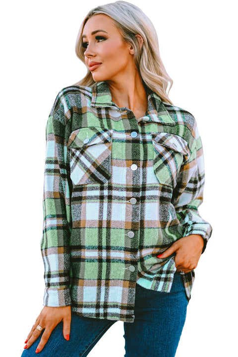 Green Geometric Plaid Print Pocketed Shacket