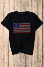 Black Rhinestone American Flag Round Neck Casual Tee