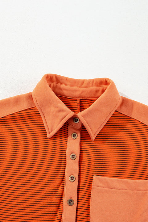 Orange Stripe Exposed Seam Henley Turn-down Neck Puff Sleeve Sweatshirt