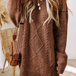 Coffee Cable Knit Drop Shoulder Loose Fit Sweater Dress