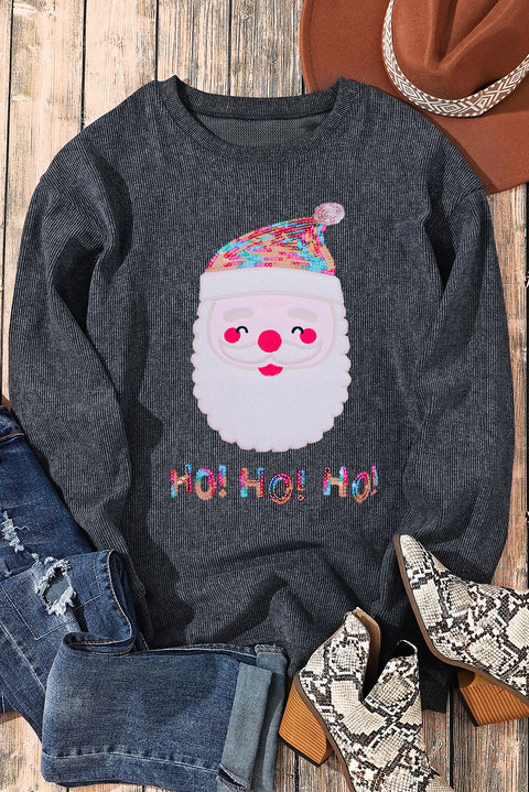 Black Sequin HO HO HO Santa Claus Graphic Corded Sweatshirt