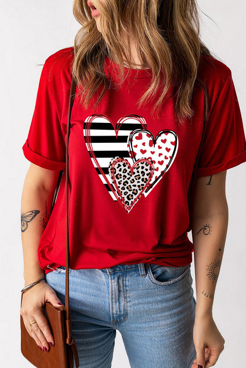 Red Leopard Striped Heart Shaped Print Crew Neck T Shirt