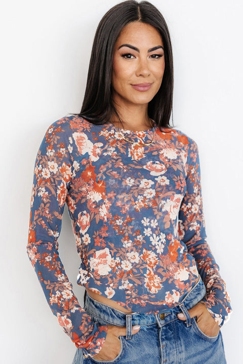 Orchid Petal Floral Print Mesh Fitted Long Sleeve Top