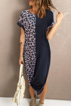 Contrast Solid Leopard Short Sleeve T-shirt Dress with Slits