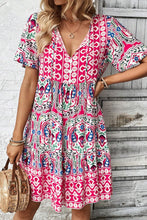 Pink Bohemian Print Tie Neck Ruffle Hem Short Dress