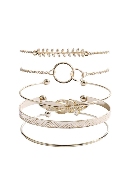 Gold Leaves Retro Pattern Adjustable Plated 5Pcs Bracelet Set