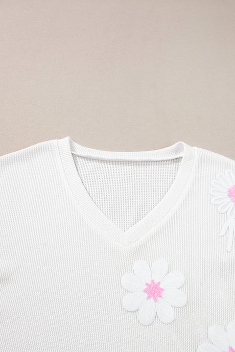 White Flower Applique Texture Knitted V Neck Top