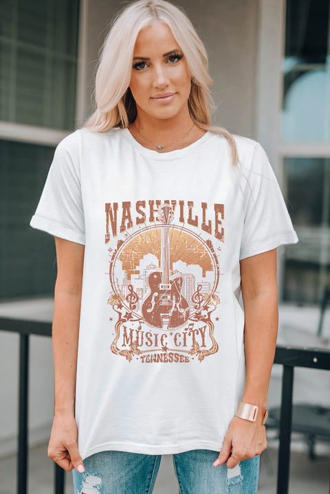 White Vintage NASHVILLE Music City Crewneck Graphic T Shirt