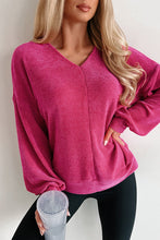 Rose Red Textured Long Sleeve V Neck Top