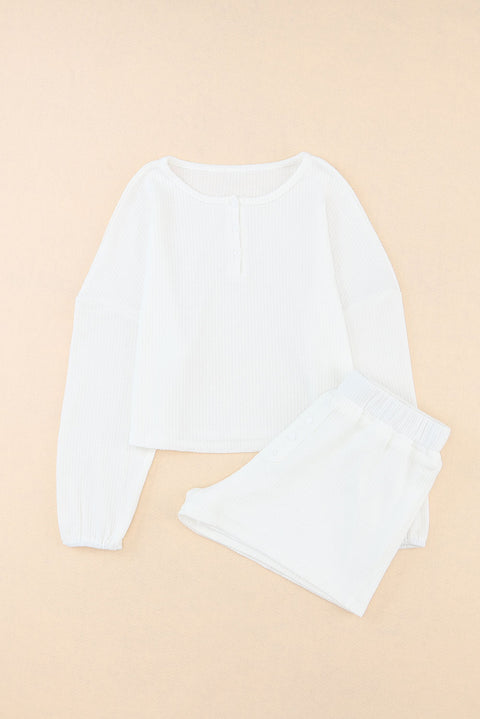 Waffle Knit Buttoned Long Sleeve Crop and Shorts Lounge Set