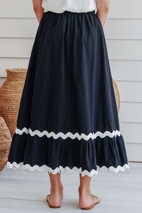 Black Ricrac Trim Colorblock High Waist Long Skirt