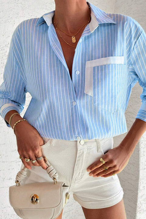 Sky Blue Stripe Contrast Patch Pocket Cuffed Sleeve Casual Shirt