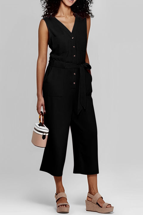 Buttoned Sleeveless Cropped Jumpsuit with Sash