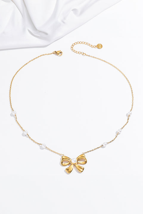 Gold Pearl Decor Plated Bow Knot Pendant Necklace