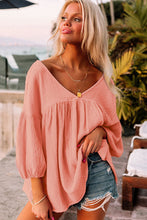 Pink Textured V Neck Bracelet Sleeve Babydoll Blouse