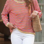 Fiery Red Contrast Trimmed Striped Drop Shoulder Sweater