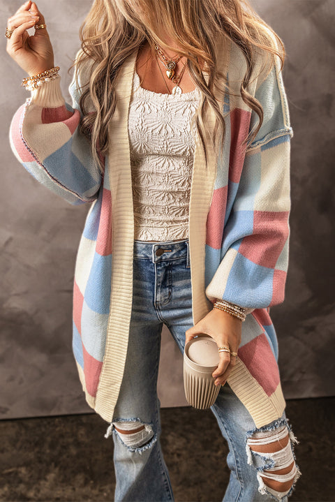 Light Blue Checkered Drop Shoulder Exposed Seam Open Front Cardigan