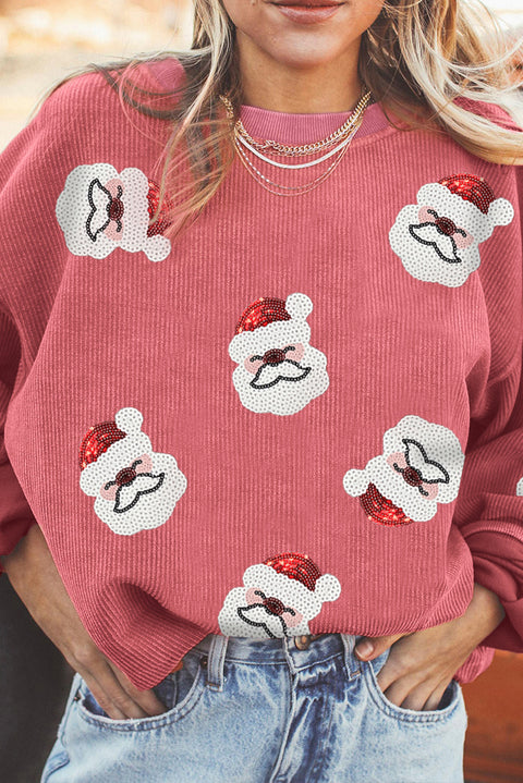 Strawberry Pink Sequin Santa Clause Christmas Corded Sweatshirt