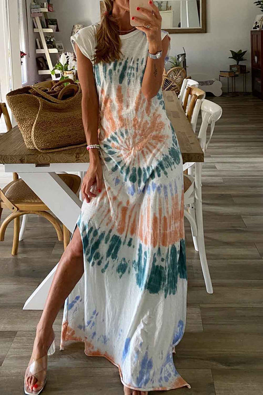 Cap Sleeve Tie Dye Long Slit Dress