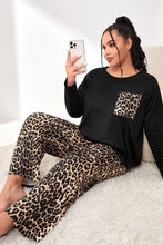 Black Leopard Patched Pocket Long Sleeve Top Plus Size Pants Set