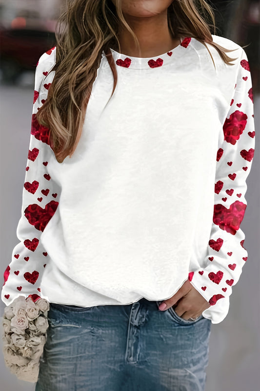 White Heart Shape Print Round Neck Long Sleeve T Shirt